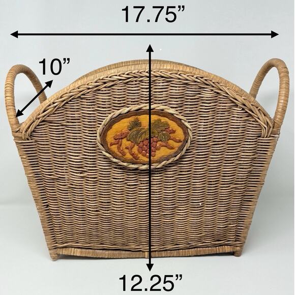 Vintage 80s French Country Wicker Basket Magazine Holder w/ Apple Accent - Picture 5 of 10
